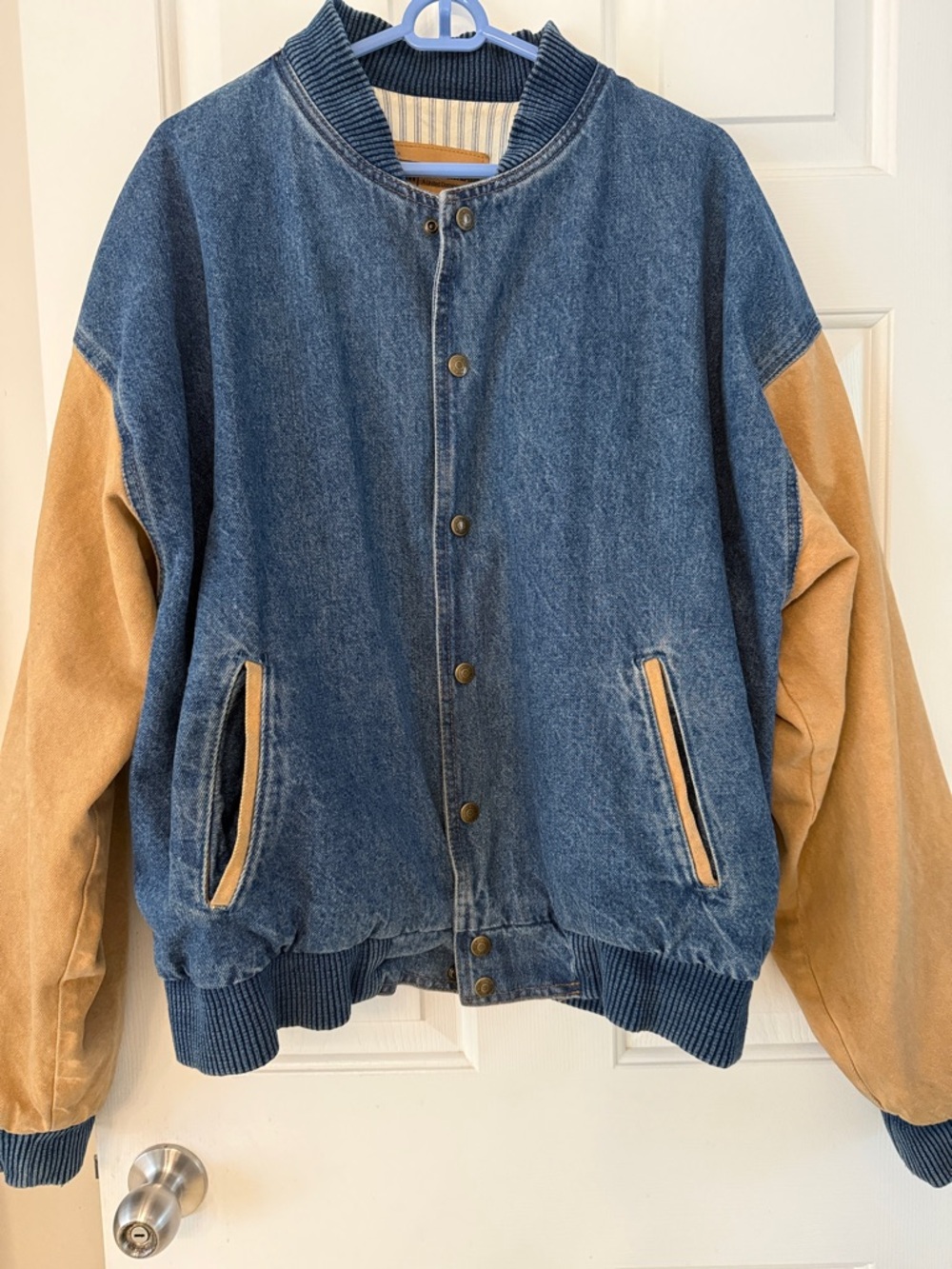 Denim & Tan Bomber Jacket - Men's Varsity Style